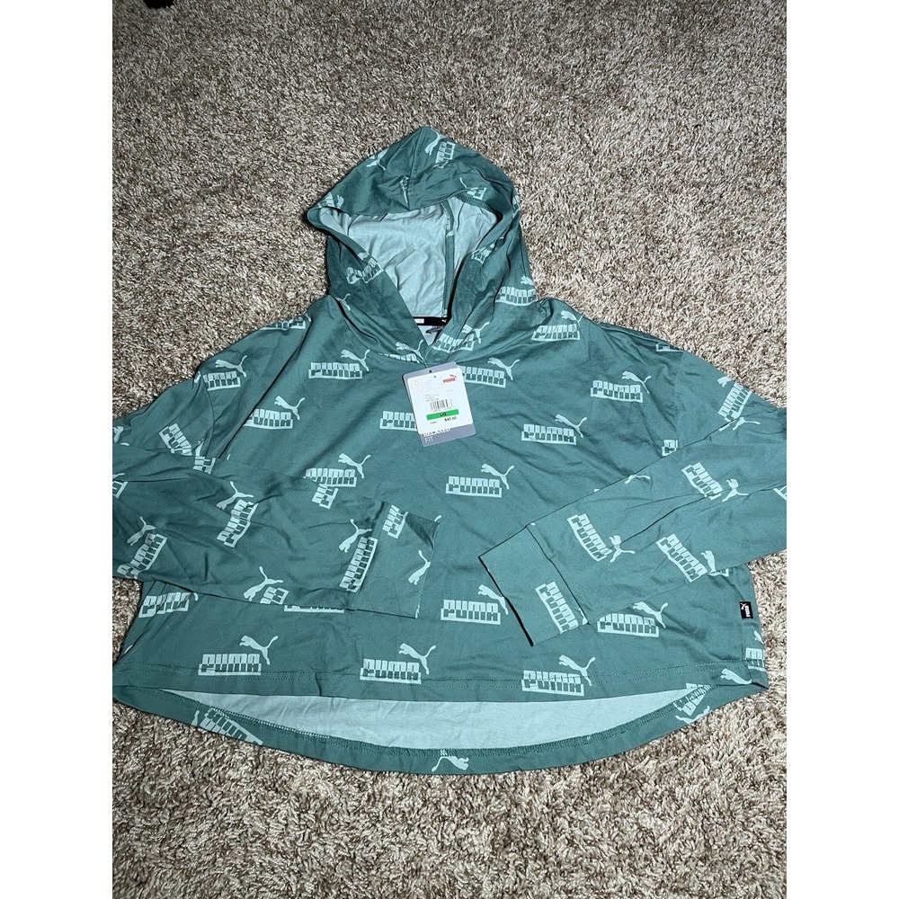 Puma Women's Amplified Logo-Print Cropped Hoodie (Large, Blue Spruce)‎